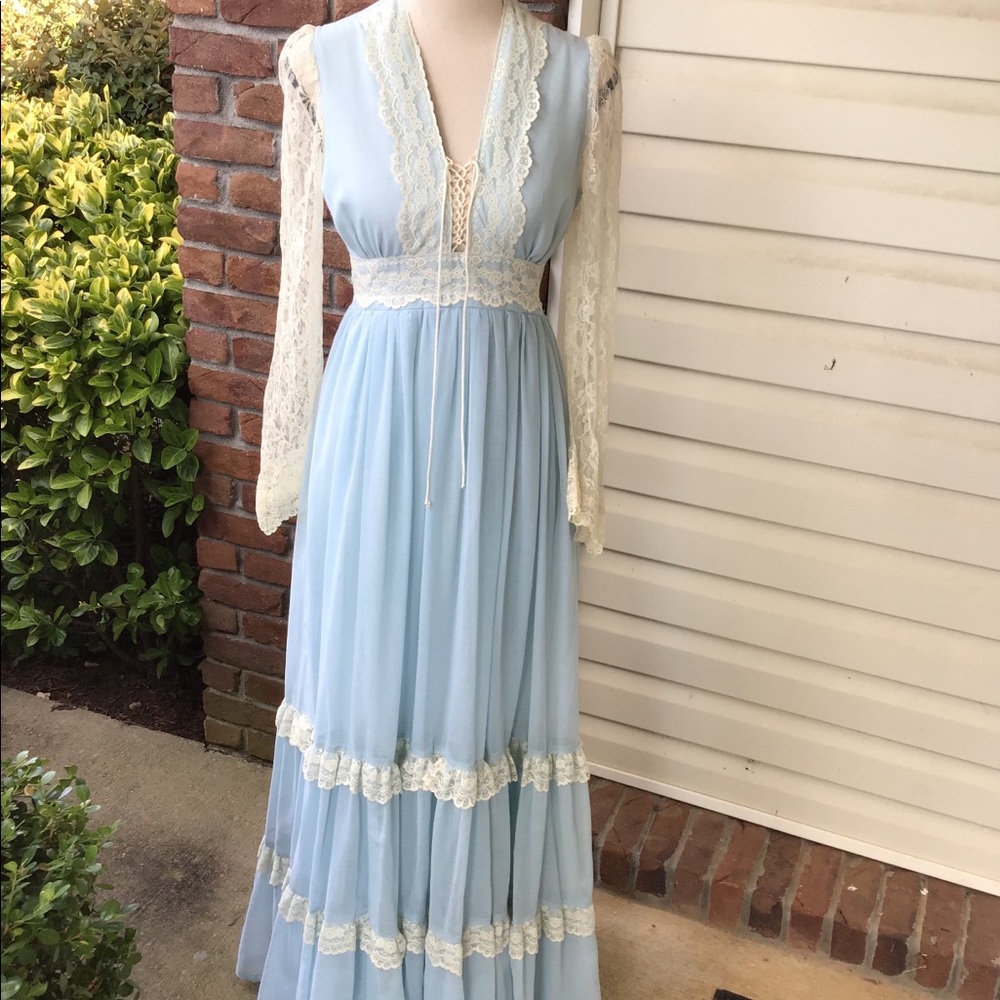 Sz 9 Blue Pastel Gunne Corset Bodice Tiered Skirt